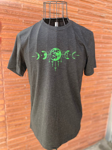 Green Moon Phase on charcoal Black Tee